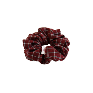 韩国森系酒红格子发圈海绵蝴蝶结发饰高级感大肠圈女丸子头发绳