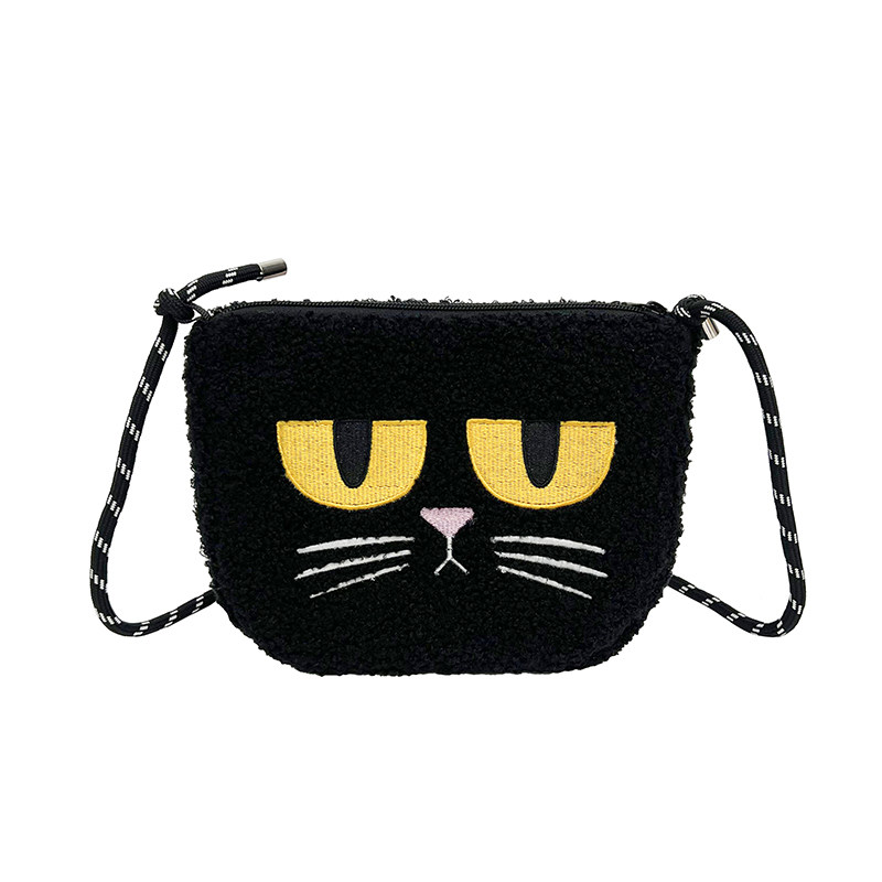 原创小众设计可爱猫咪刺绣毛绒斜挎包轻便卡通手机包学生通勤挎包