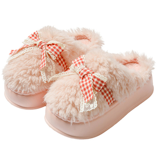 厚底高跟棉拖鞋女士居家可爱百搭蝴蝶结拖鞋冬季防冻保暖外穿时尚