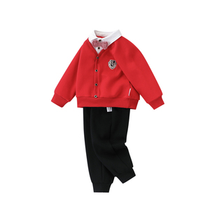 男童加绒套装秋冬装红色新年衣服儿童学院风卫衣裤子宝宝新款童装