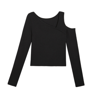 ousph黑色V领针织打底衫女秋设计感修身性感辣妹露肩气质长袖上衣