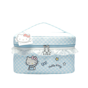 三丽鸥HelloKitty立体化妆包蓝白菱形格手提包大容量品箱形收纳包