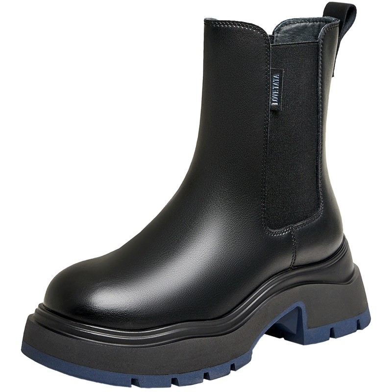 Tata他她海盐黑咖切尔西女靴休闲厚底加绒烟筒靴冬季新款WJZ01DZ3