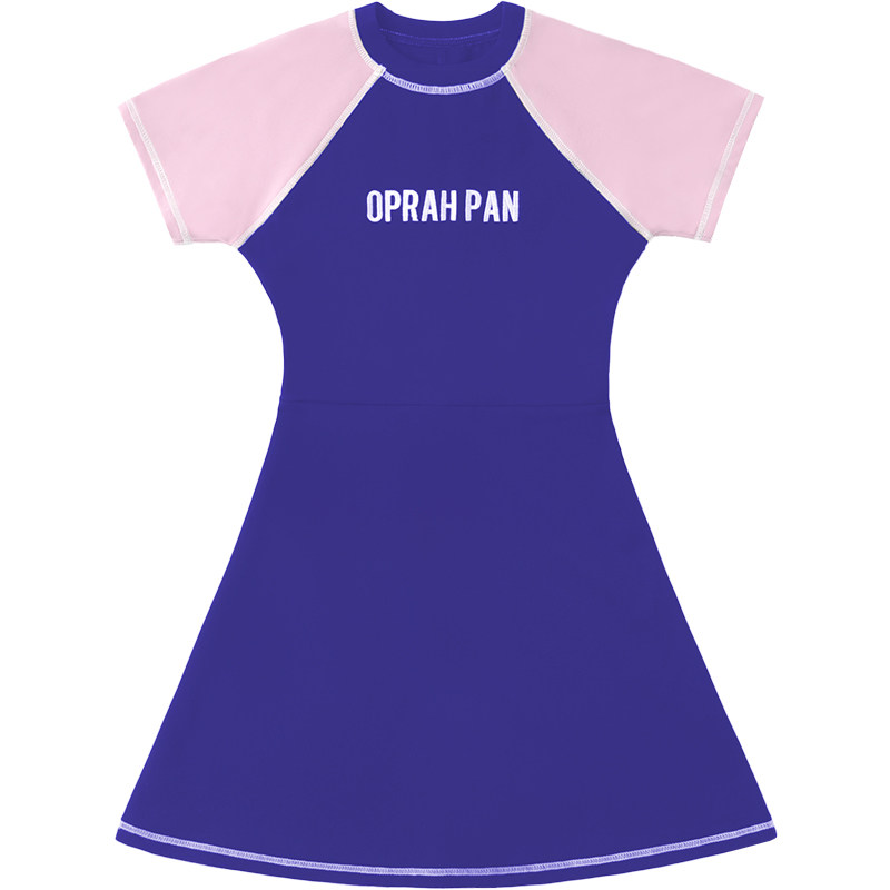 OPRAH PAN 原创设计chic撞色明线高腰修身收腰插肩短袖A字连衣裙
