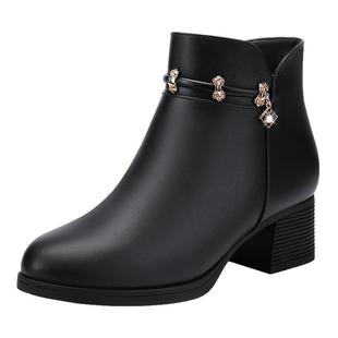 妈妈鞋秋冬款短靴女真皮粗跟加绒中年女鞋春秋单靴女靴子软底皮鞋