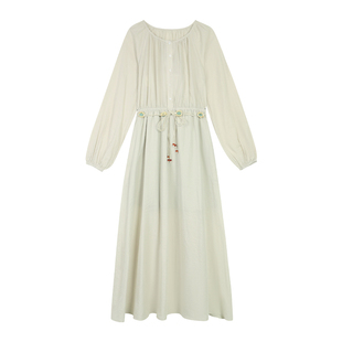 pusumede 解锁假日 法式复古圆领长袖连衣裙女收腰气质度假风裙子