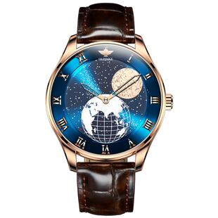 瑞士认证正品牌自转月球地球仪盘手表男士机械表全自动款式真皮带
