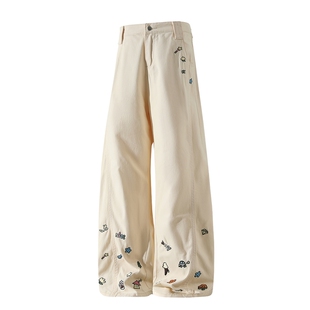 男士卡通刺绣牛仔裤男款2026新款春百搭男生裤子弯刀裤宽松阔腿裤