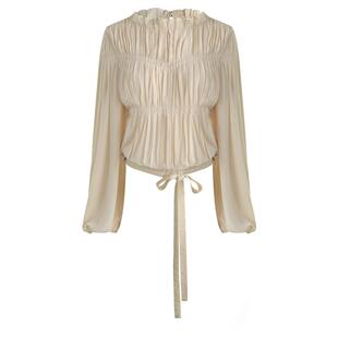 COCOBELLA气质名媛风手工压褶木耳边衬衫女26春飘带衬衣SR7062-2