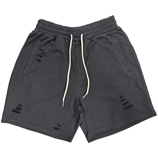 运动破洞短裤宽松痞帅健身战损休闲时尚纯色漏洞破烂全棉五分裤男