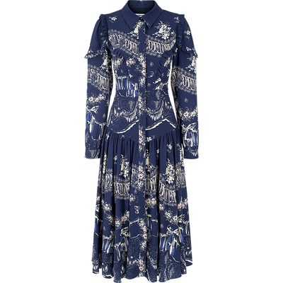 法式浪漫雾蓝底复古灯笼袖连衣裙