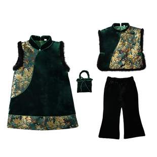 人间富贵！篙品质女童丝绒旗袍冬季加厚背心裙宝宝国风马甲拜年服