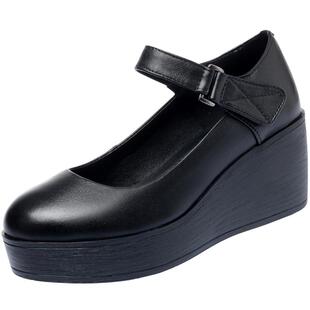 坡跟皮鞋女真皮单鞋春秋圆头高跟防水台松糕厚底女鞋百搭妈妈鞋子