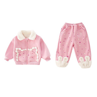 女童秋冬套装儿童装冬装加绒洋气女宝宝开衫外套加绒裤子两件套潮