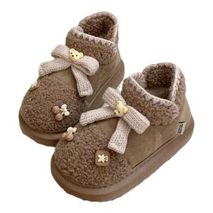 细细条 新款可爱小熊雪地靴女冬加绒加厚底保暖蝴蝶结羊羔毛短靴