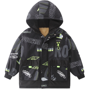 男童加绒外套秋冬新款儿童冬装连帽加厚派克服中大童男孩薄棉衣潮