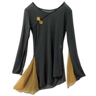 绝美撞色盘扣中国舞古典舞蹈服装练功服表演出服上衣女飘逸网纱衣