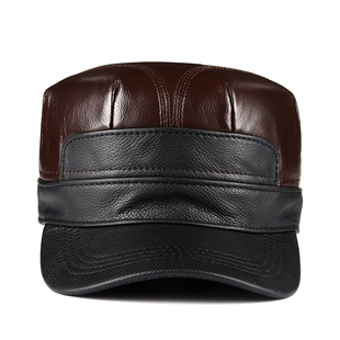 秋冬新款平顶鸭舌帽男士中年爸爸牛皮帽子中老年人真皮休闲保暖帽