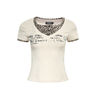 DoubleD豹纹拼接假两件短袖T恤女夏季辣妹正肩修身显瘦V领上衣潮