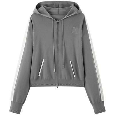 太平鸟女装秋季刺绣工艺双拉链罗纹袖口拼接连帽针织衫A1EDE3320