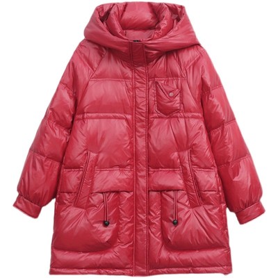 韩版亮面免洗中长款连帽白鸭绒