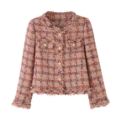 女装V领流水边粉色格子外套