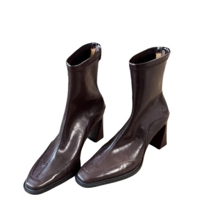 羊皮版~方头粗跟短靴女2025新款秋冬爆款高跟靴子棕色弹力瘦瘦靴