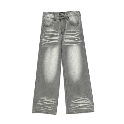 mountain tree复古水洗灰牛仔裤男美式猫须设计感直筒拖地长裤