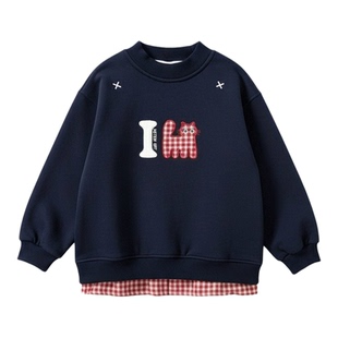 【奥粒绒】爱法贝秋冬厚女童卫衣卡通猫咪图案格子拼接上衣洋气