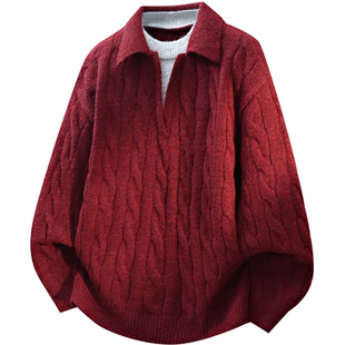 班尼路S&K美式复古假两件翻领绞花毛衣男秋冬宽松百搭针织衫男YS