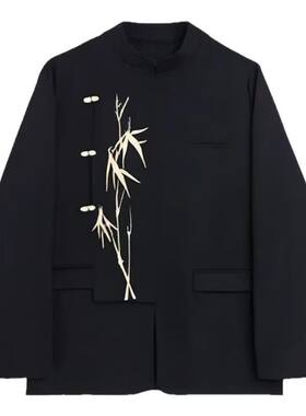 新中式立领金色竹叶刺绣男西服