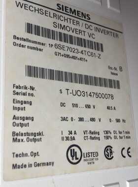 议价6SE7023-4TC61主驱动IP20 510-650V DC，34A 型号功率：15kW