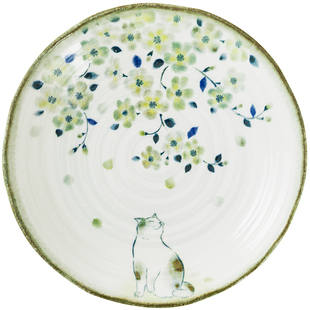 日本进口陶瓷釉下彩可爱猫咪盘子日式餐盘菜盘花见猫家用平盘深盘