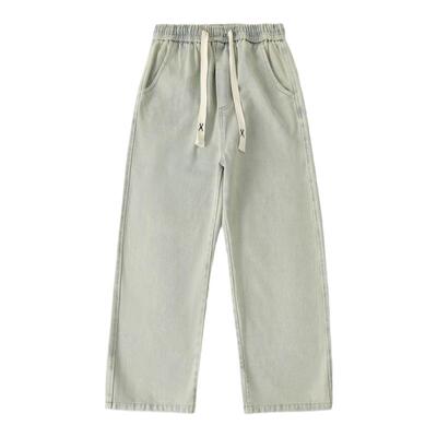 高街撞色抽绳宽松直筒牛仔裤