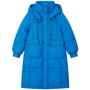 曼德诗中长款羽绒服女2025冬季新款时尚连帽加厚克莱因蓝保暖外套