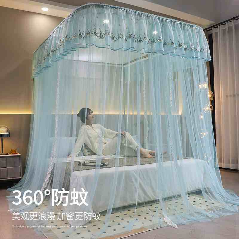 u型导轨蚊帐家用2024新款免安装卧室轨道免安支架杆加厚落地床帘