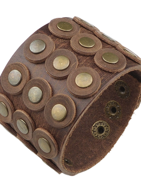 铜色高平圆铆钉咖啡棕皮圆盘手链