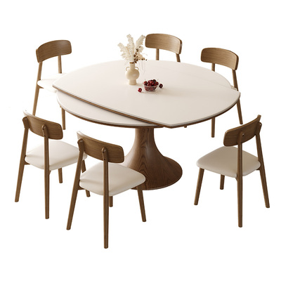 复古白蜡木纹伸缩岩板餐桌变圆桌