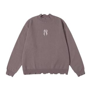 NMAX大码潮牌男装设计感磨破流苏半高领毛衣冬新款刺绣针织衫