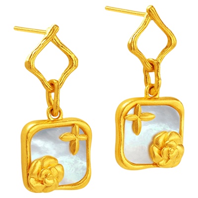 亚一足金花繁蝶悦贝母之恋耳环耳饰古法因爱绽放浪漫情侣时尚气质