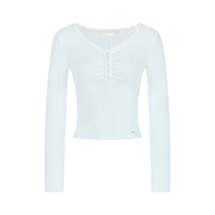 艾米同款 Kroche  浪漫法式 蕾丝花边 针织细坑条V领长袖T恤