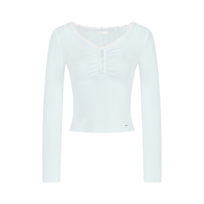 浪漫法式蕾丝拼接V领修身长袖T恤