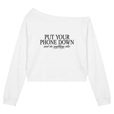 superniniyy 美式休闲&黄金比例全棉可一字肩短款露肩印花长袖T恤