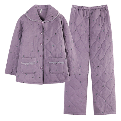 加厚针织夹棉睡衣女冬季三层保暖