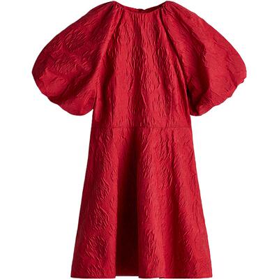 HM女装红色连衣裙春季背面系带春季节提花蝴蝶结长裙1247667