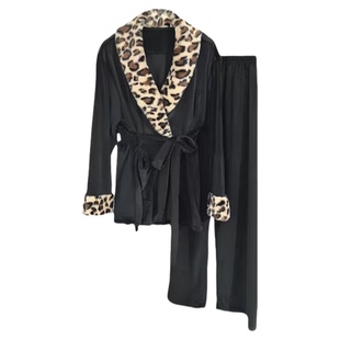 豹纹珊瑚绒睡衣冬季加厚保暖高级感轻奢秋冬开衫半边绒睡袍礼盒装