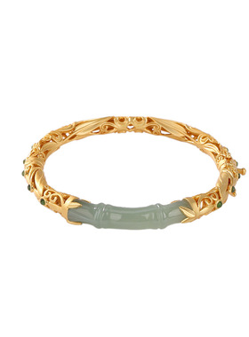 山予棠S925纯银镀金和田玉复古祥云如意竹叶镂空手镯精雕竹节银镯