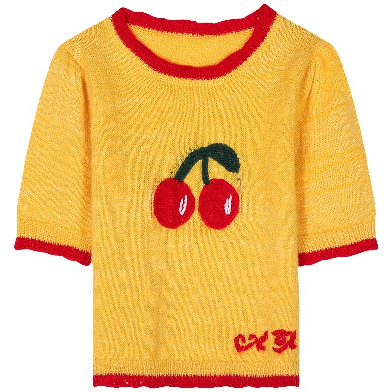 落落狷介 上衣设计感小众女2024年新款黄色针织衫短袖套头小个子