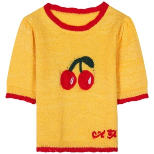 落落狷介 上衣设计感小众女2024年新款黄色针织衫短袖套头小个子