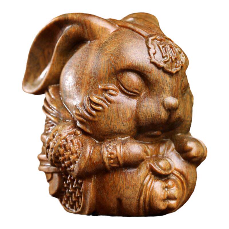 天然绿檀木打坐兔摆件